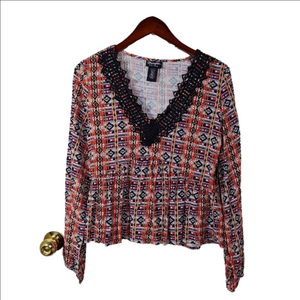Wrangler Geometric Multicolor Patterned Black Lace V-neck Long Sleeve Top Smal